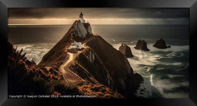 A lighthouse on the edge of a cliff overlooking the vast ocean,  Framed Print by Joaquin Corbalan