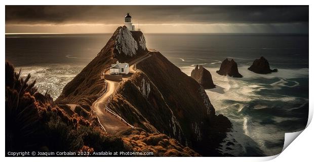 A lighthouse on the edge of a cliff overlooking the vast ocean,  Print by Joaquin Corbalan