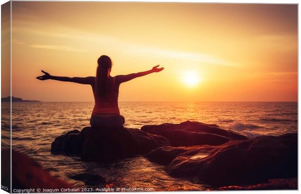 Woman  doing yoga on the coast during sunset. Ai generated. Canvas Print by Joaquin Corbalan