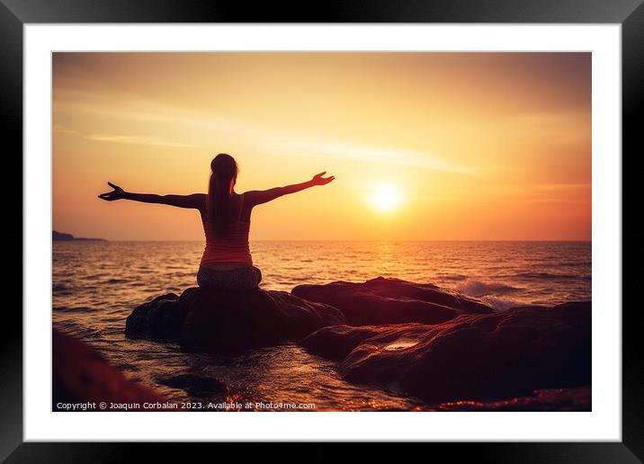 Woman  doing yoga on the coast during sunset. Ai generated. Framed Mounted Print by Joaquin Corbalan