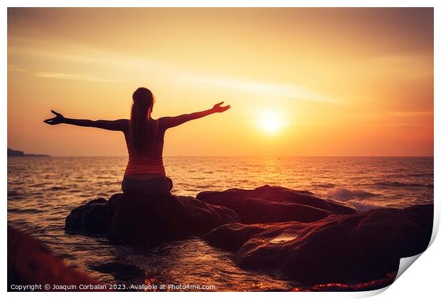 Woman  doing yoga on the coast during sunset. Ai generated. Print by Joaquin Corbalan