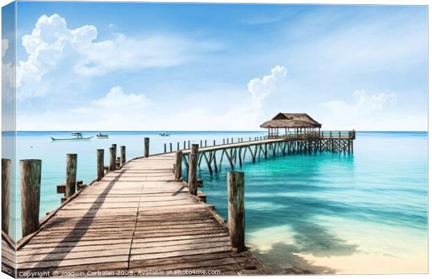 Paradisiacal view of a pier on an island in the pacific tropics. Canvas Print by Joaquin Corbalan