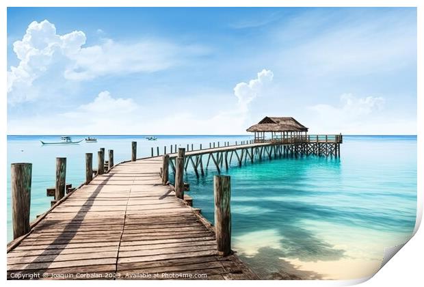 Paradisiacal view of a pier on an island in the pacific tropics. Print by Joaquin Corbalan