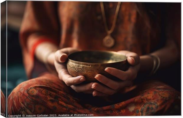 A woman's gentle touch coaxes soothing vibrations from a Tibetan Canvas Print by Joaquin Corbalan