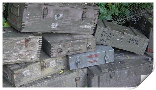 A stack of old wooden military green boxes with ammunition. Print by Irena Chlubna