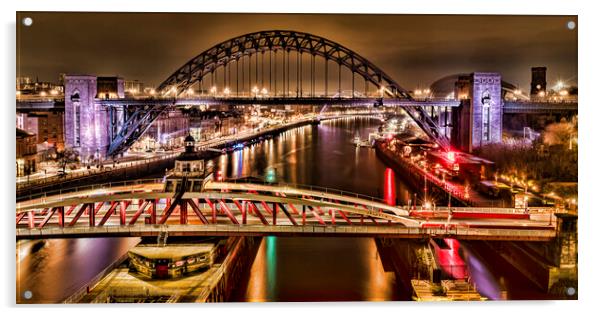 Tyne Bridges at Night Acrylic by Valerie Paterson