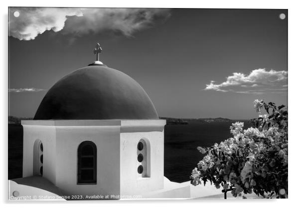 Monochrome Beauty: Santorini's Scenic Church - Gre Acrylic by Stefano Senise