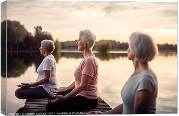 Three senior women, retired, practice yoga cross-legged in front Canvas Print by Joaquin Corbalan