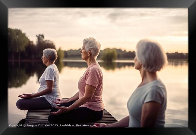 Three senior women, retired, practice yoga cross-legged in front Framed Print by Joaquin Corbalan