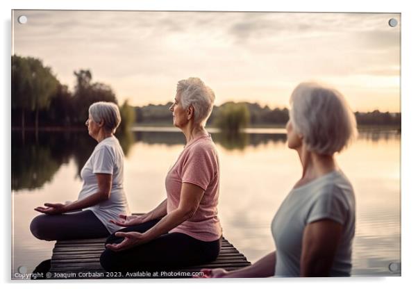 Three senior women, retired, practice yoga cross-legged in front Acrylic by Joaquin Corbalan