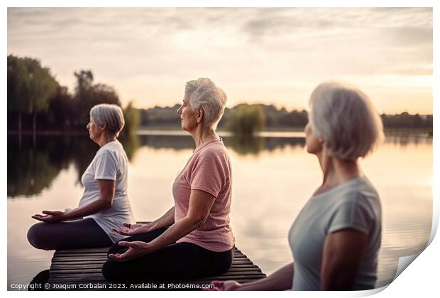 Three senior women, retired, practice yoga cross-legged in front Print by Joaquin Corbalan