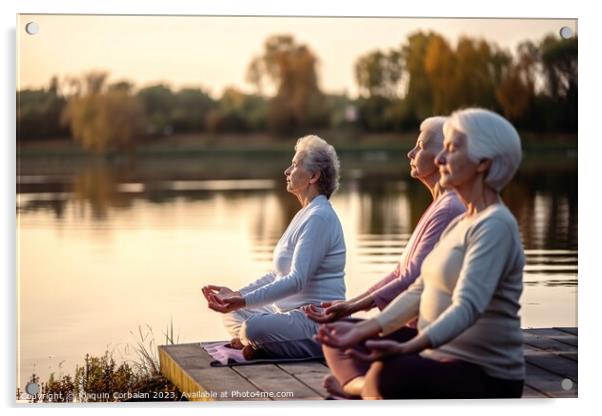 Three graceful senior women enjoy the serenity of nature while p Acrylic by Joaquin Corbalan
