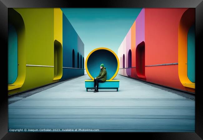 Concept of incongruous loneliness, people alone in a colorful se Framed Print by Joaquin Corbalan
