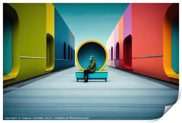 Concept of incongruous loneliness, people alone in a colorful se Print by Joaquin Corbalan