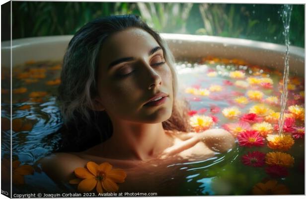 A beautiful young woman enjoys a relaxing floral bath to de-stre Canvas Print by Joaquin Corbalan