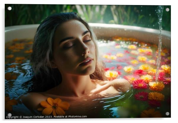 A beautiful young woman enjoys a relaxing floral bath to de-stre Acrylic by Joaquin Corbalan