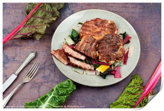 Meat steak with green salad. Print by Mykola Lunov Mykola