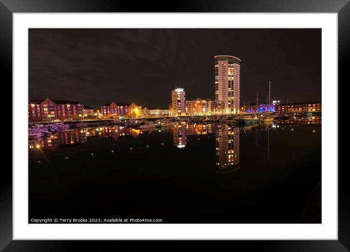 Swansea Marina at Night Reflecting in the Water Framed Mounted Print by Terry Brooks