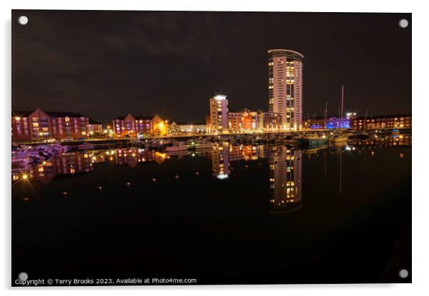 Swansea Marina at Night Reflecting in the Water Acrylic by Terry Brooks