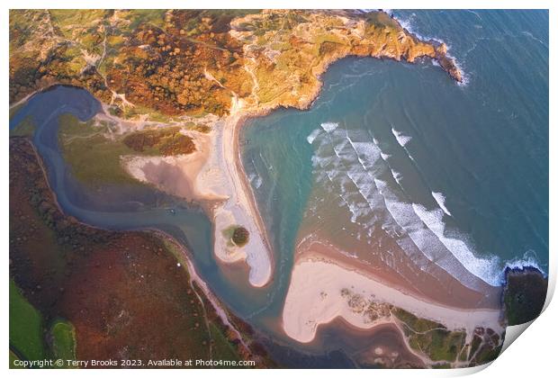 Three Cliffs Bay Colourful Aerial Photograph Print by Terry Brooks