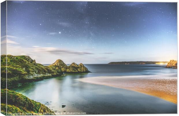 Star Trails over Three Cliffs Bay, Gower, South Wales Canvas Print by Terry Brooks