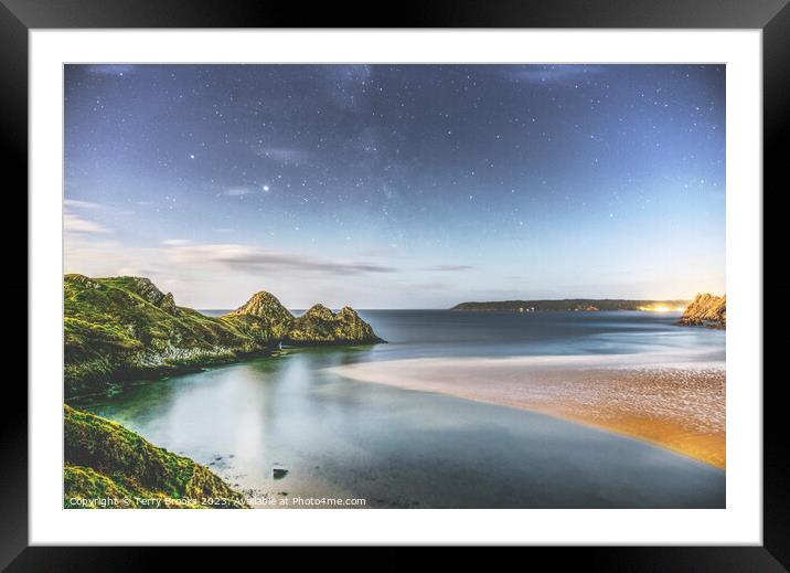 Star Trails over Three Cliffs Bay, Gower, South Wales Framed Mounted Print by Terry Brooks