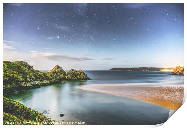 Star Trails over Three Cliffs Bay, Gower, South Wales Print by Terry Brooks