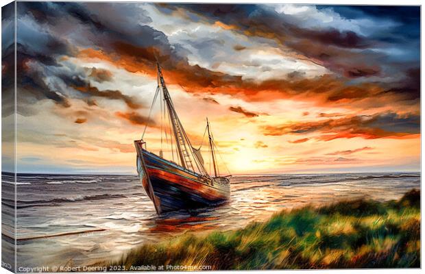 Beached Sailing Ship At Sunset Canvas Print by Robert Deering