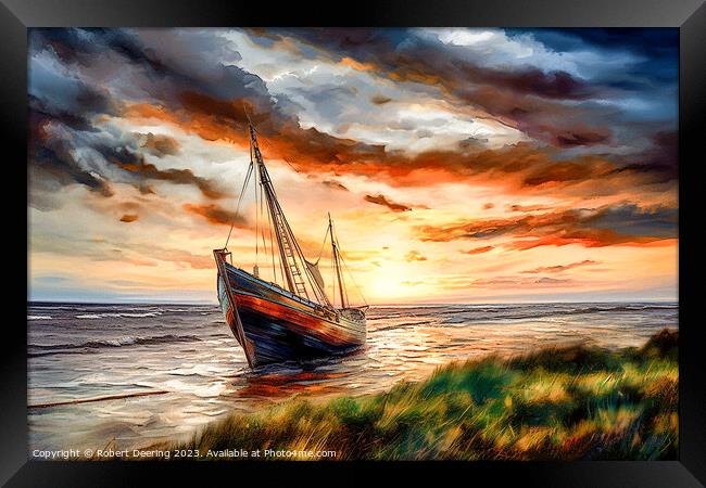 Beached Sailing Ship At Sunset Framed Print by Robert Deering