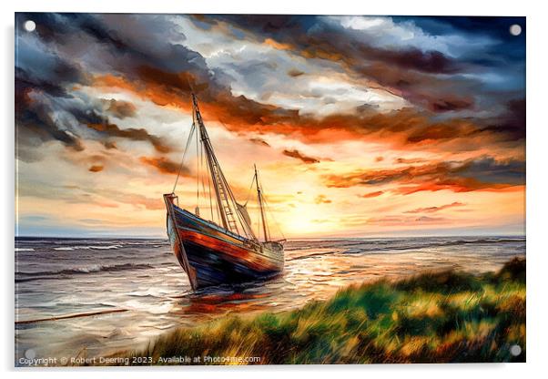 Beached Sailing Ship At Sunset Acrylic by Robert Deering