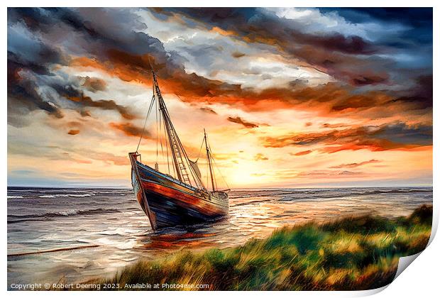 Beached Sailing Ship At Sunset Print by Robert Deering