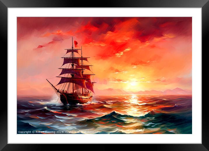 Sunset and Sailing Ship Framed Mounted Print by Robert Deering