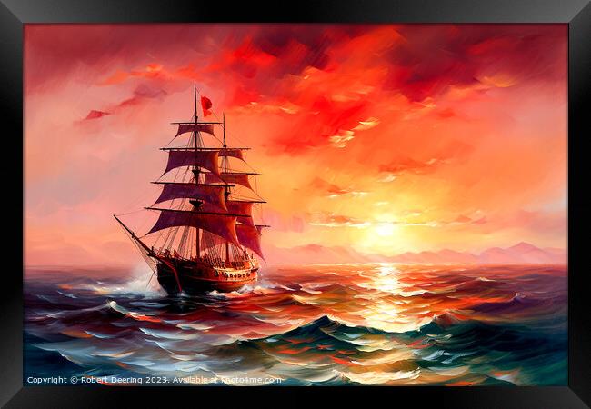 Sunset and Sailing Ship Framed Print by Robert Deering
