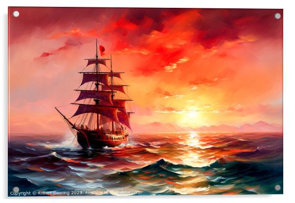 Sunset and Sailing Ship Acrylic by Robert Deering