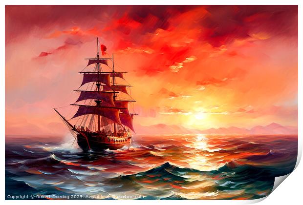 Sunset and Sailing Ship Print by Robert Deering