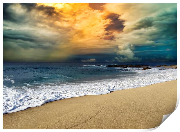 Sunset over Pacific Ocean with clean sandy beach  Print by Thomas Baker