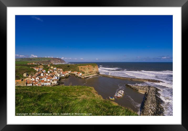 Clifftop view of Staithes from the Cleveland Way Framed Mounted Print by Michael Shannon