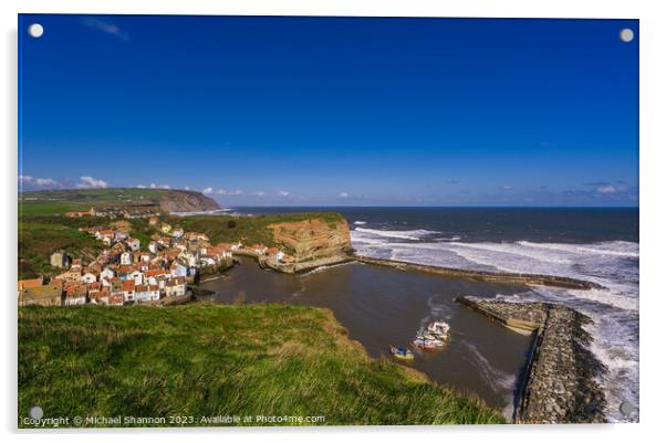 Clifftop view of Staithes from the Cleveland Way Acrylic by Michael Shannon