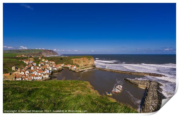 Clifftop view of Staithes from the Cleveland Way Print by Michael Shannon