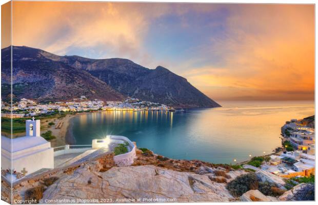 The beach and port Kamares of Sifnos from Agia Marina church at  Canvas Print by Constantinos Iliopoulos