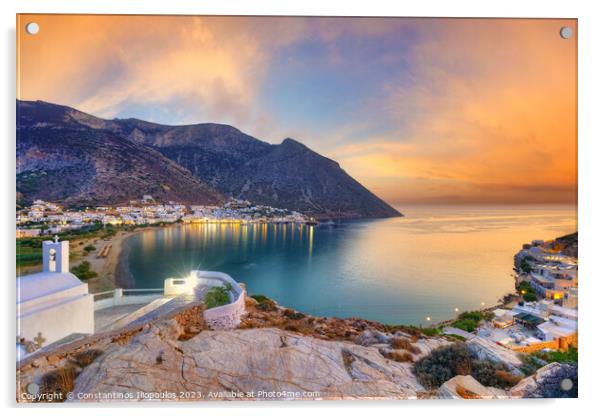 The beach and port Kamares of Sifnos from Agia Marina church at  Acrylic by Constantinos Iliopoulos