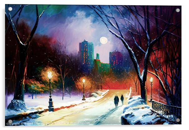 Central Park At Night In Winter With Moon Acrylic by Robert Deering