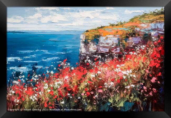 Poppies Wildflowers Cliffs and Sea 1 Framed Print by Robert Deering