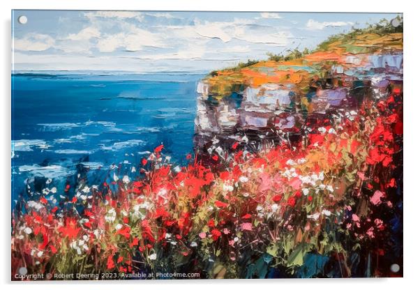 Poppies Wildflowers Cliffs and Sea 1 Acrylic by Robert Deering