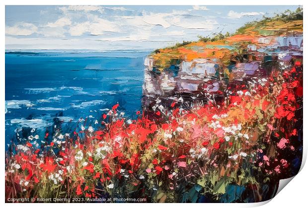 Poppies Wildflowers Cliffs and Sea 1 Print by Robert Deering