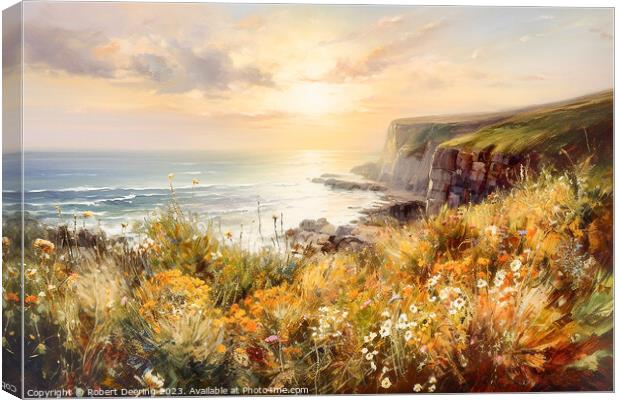 Sea Cliifs and Wildflowers Golden Hour 1 Canvas Print by Robert Deering