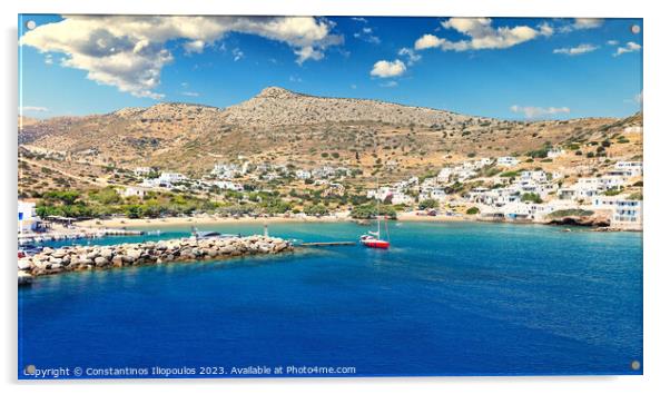 Alopronia is the port of Sikinos with the beach Livadi, Greece Acrylic by Constantinos Iliopoulos