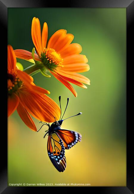 The Fiery Dance of Butterfly and Flower Framed Print by Darren Wilkes