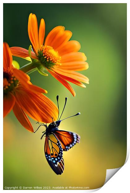 The Fiery Dance of Butterfly and Flower Print by Darren Wilkes