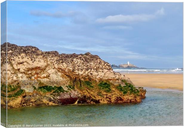 Marvel at Godrevy Lighthouse on Gwithian Beach Canvas Print by Beryl Curran
